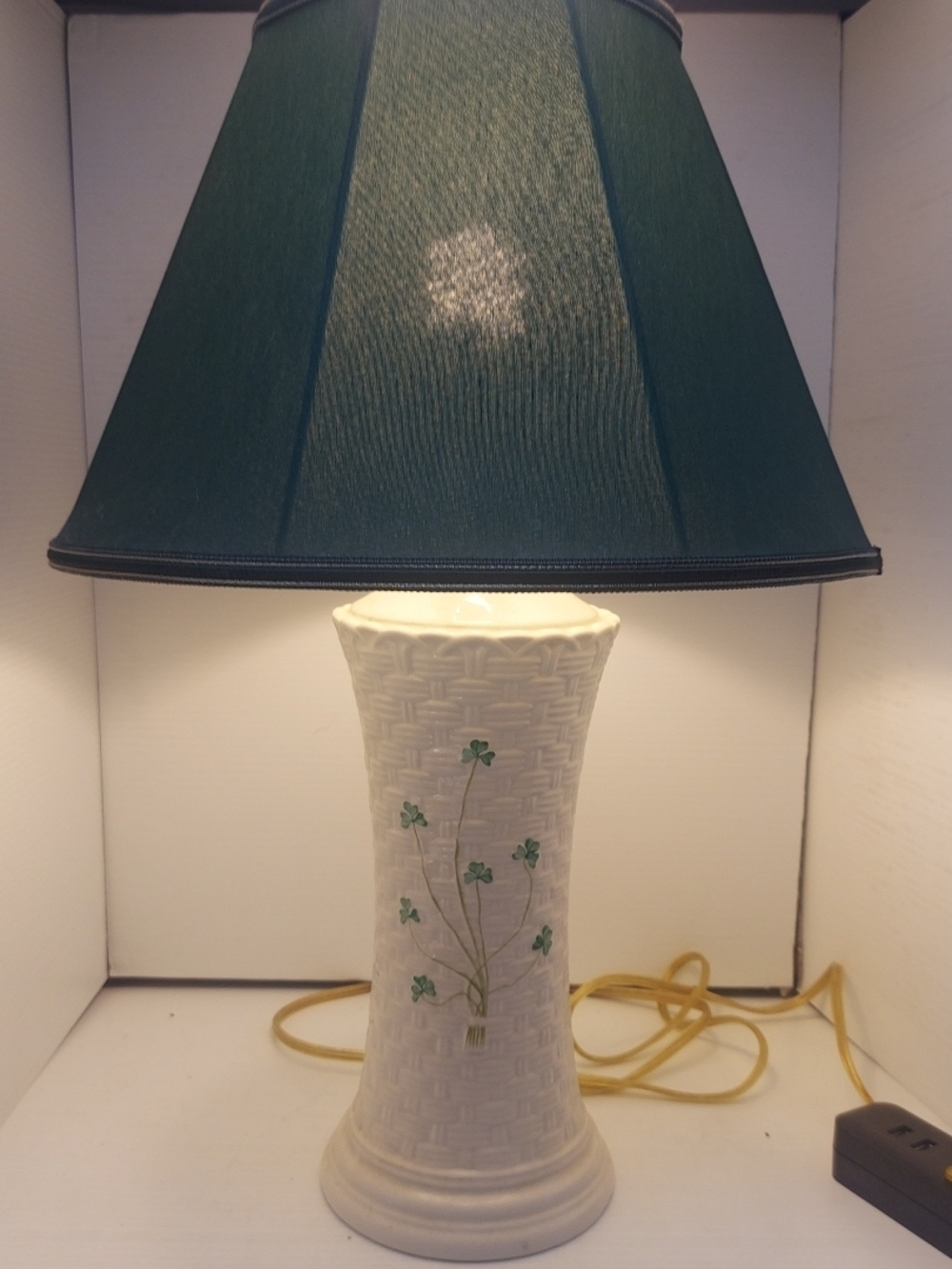 Belleek Irish Table Lamp with Green Shamrock Motif and Dark Green Shade